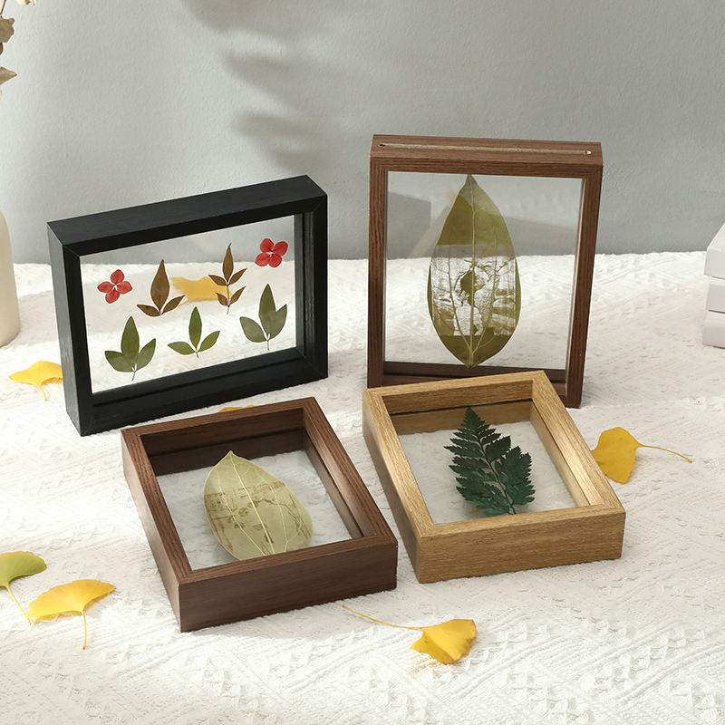 Natural Wood Double-Sided Glass Frame for Leaf Specimen and Carving Display