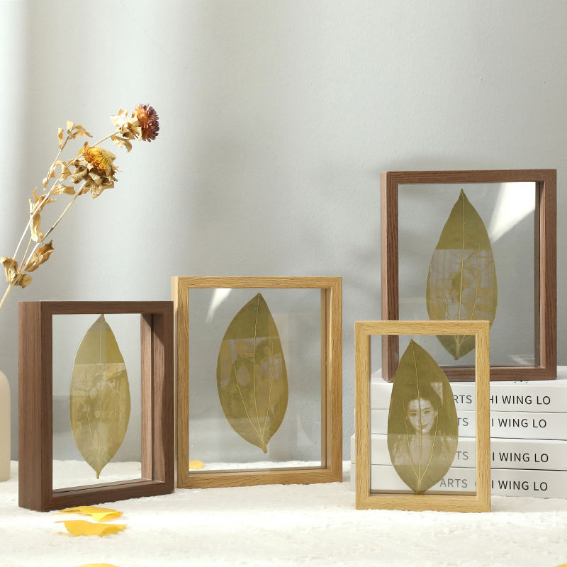 Natural Wood Double-Sided Glass Frame for Leaf Specimen and Carving Display