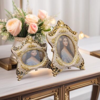 Elegant gold pearl oval metal photo frame for 6 and 7 inch photos