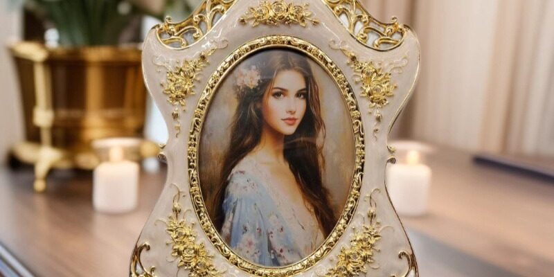 Elegant gold pearl oval metal photo frame for 6 and 7 inch photos